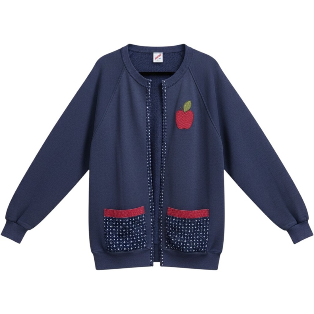 Vintage 80s Jerzees Cardigan Sweatshirt Womens Large Navy Apple Cottagecore USA
